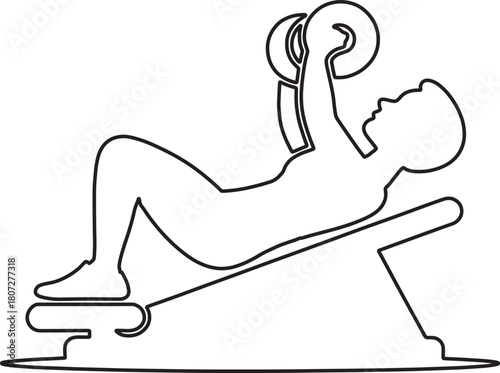 Man working out lifting weights on inclined bench line art illustration