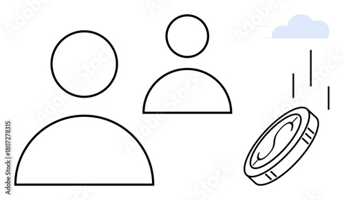 Two simple user icons symbolizing people and a falling coin under a cloud suggest collaboration and financial concepts. Ideal for teamwork, partnership, finance, savings, economy, business, or