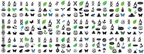 Seamless repeating pattern of biology and life science icons including DNA strands, microscopes, cells, plants, frogs, and butterflies.