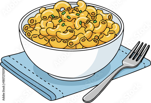 Cheesy Macaroni in White Bowl Vector with Fork and Blue Napkin
