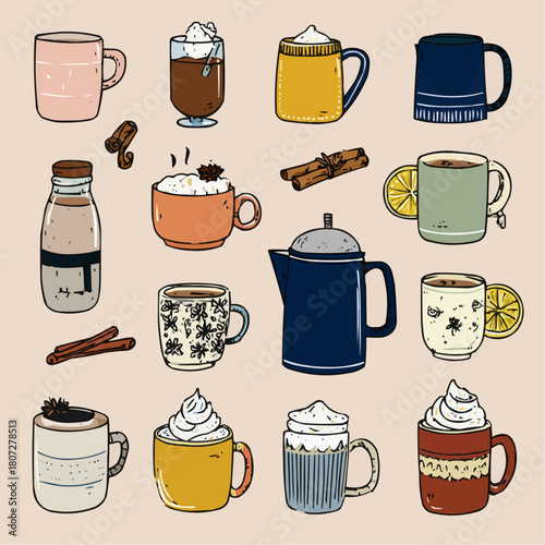 A set of winter hot drinks clipart including cocoa mug, mulled wine glass, tea cup, latte cup, thermos, kettle, whipped cream mug, cinnamon stick and lemon slice for seasonal packaging and cafe