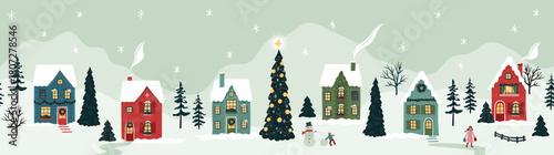 Cute hand drawn seamless Winter landscape with happy people playing, shopping, walking, Vector horizontal banner winter wonderland