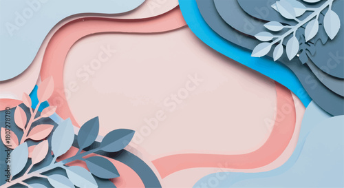 Abstract paper cut background with organic flowing shapes and pastel blue and pink colors