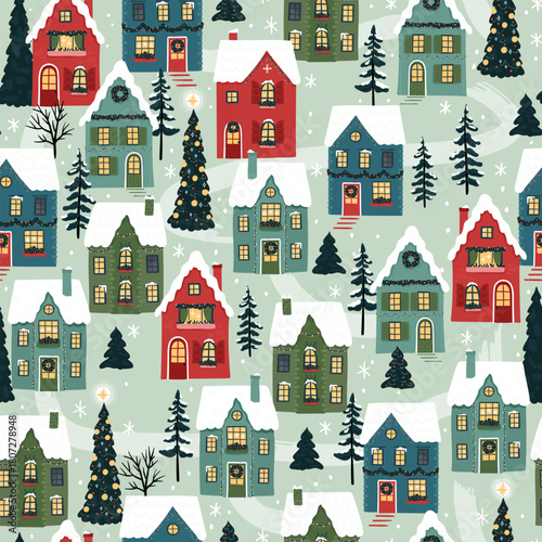 Cute hand drawn seamless Winter landscape with  cute houses and trees, vector design