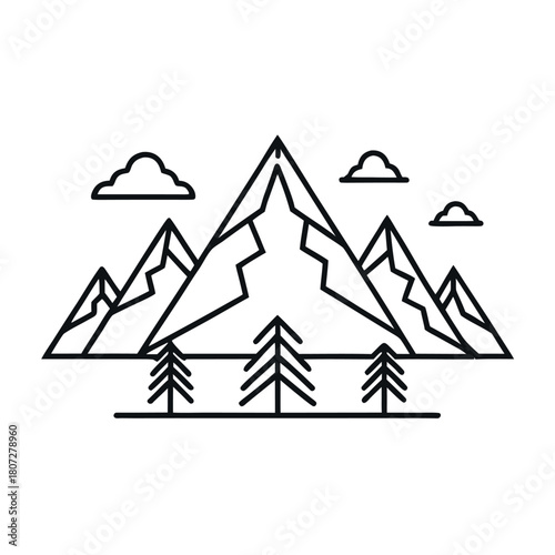  Minimal line-art mountain landscape with sharp peaks, simple pine trees, clean outlines, and small clouds, with a touch of warm accent color