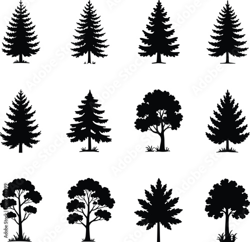 Wallpaper Mural Twelve Black Tree Silhouettes on White Background vector Torontodigital.ca