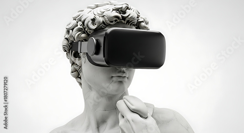 Iconic Classical Sculpture of David Wearing a Virtual Reality Headset Symbolizes the Fusion of Ancient Art and Cutting-Edge Digital Immersion, Bridging Eras of Innovation