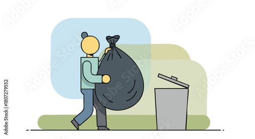 Person Carrying a Heavy, Tied-Up Garbage Bag Towards an Open Trash Can.