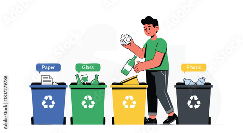 Man Sorting Waste into Color-Coded Recycling Bins for Paper, Glass, and Plastic.