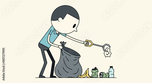 Man Using a Grabber Tool to Pick Up Litter and Place It into a Collection Bag.