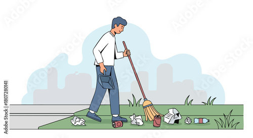 Man Sweeping Scattered Litter and Debris from a Grassy Area into a Dustpan.