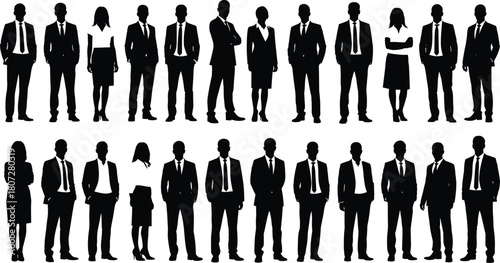 Black Silhouette Set of Business People, Professionals, and Corporate Office Workers Standing in Suits and Formal Attire Vector.