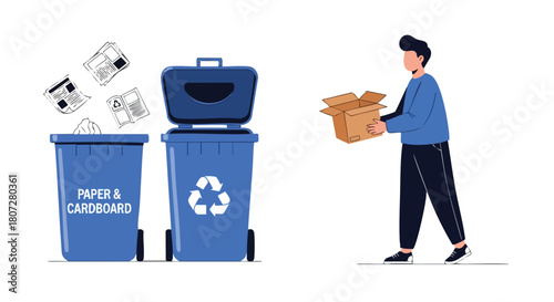 Man Disposing of a Cardboard Box Next to Blue Bins for Paper and Cardboard Recycling.