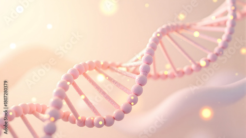 soft pink DNA helix with glowing particles on a clean minimal background, ideal for science concepts.