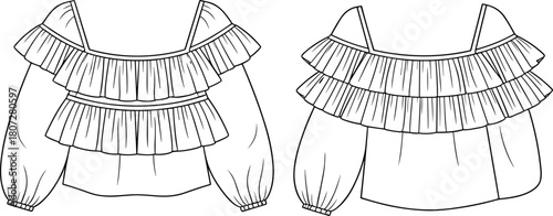 Blouse with Square Neck, Tiered Ruffle Overlay, and Long Voluminous Sleeves Technical Drawing.