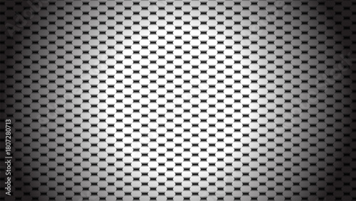 A dark metallic texture of a steel grid pattern with holes provides an abstract industrial backdrop or wallpaper design