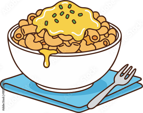 Vector Illustration of Cheesy Macaroni Pasta in White Bowl with Gooey Cheese Sauce, Blue Napkin, and Fork