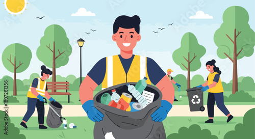 Team of Volunteers Cleaning Up a Park and Collecting Recyclable Waste on a Sunny Day.