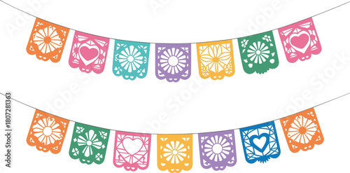 Colorful papel picado banner garlands with decorative cut-out designs perfect for Mexican fiestas, Día de los Muertos celebrations and festive holiday decorations