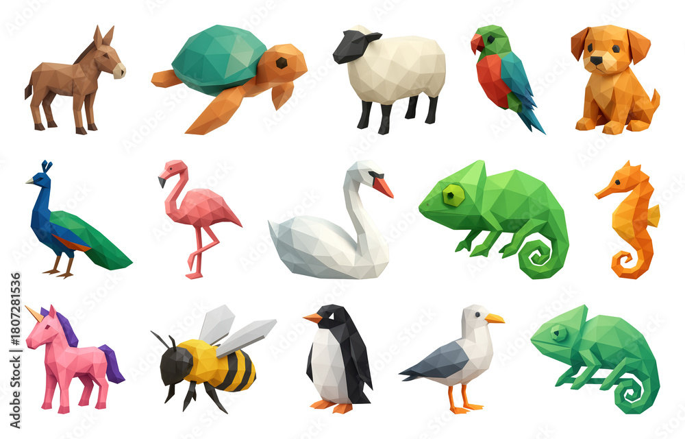 Fototapeta premium PNG Colorful low-poly animal collection, element set on transparent background