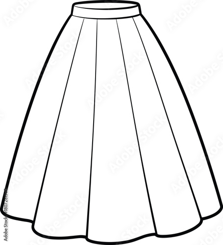 Full Paneled A-Line Skirt Technical Drawing with Gored Seams, Wide Hem, and Fitted Waistband Template.