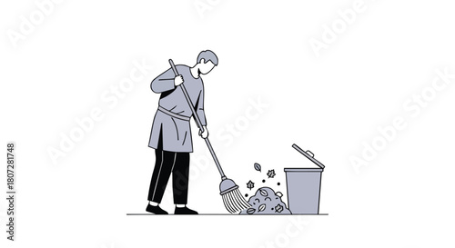 Man Sweeping Autumn Leaves and Debris into an Open Trash Can.