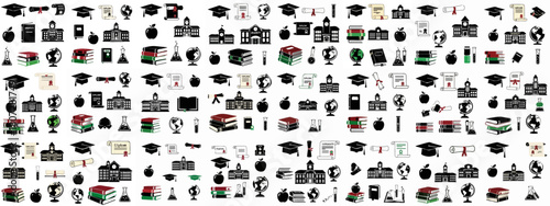 Educational seamless pattern featuring academic icons like graduation caps, diplomas, books, globes, and university buildings for design projects.