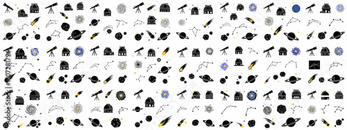 Black silhouette seamless pattern featuring celestial bodies, telescopes, observatories, constellations, and galaxies for astronomical designs.