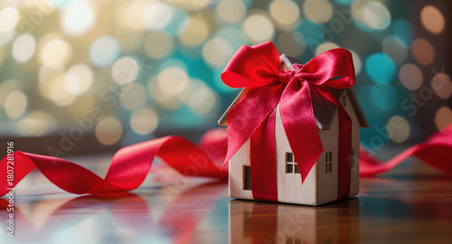 Miniature house wrapped with a bright red ribbon sitting on a reflective surface indoors