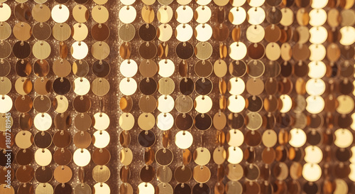 Golden shimmering discs hanging vertically creating a textured metallic background effect