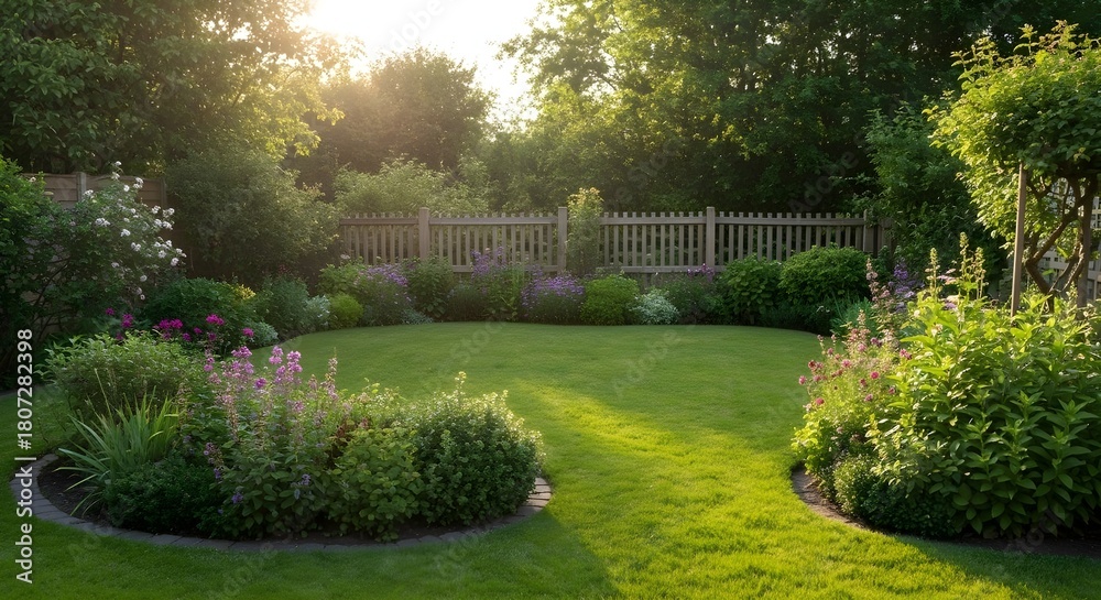 Fototapeta premium Peaceful Summer Garden With Green Grass Lawn and Colorful Flower Borders.