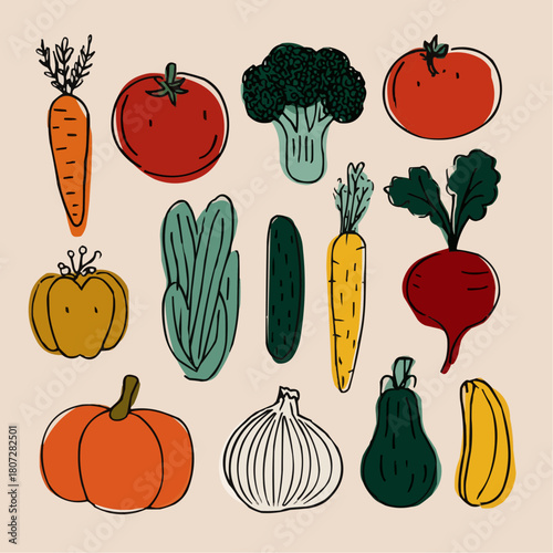 A doodle clipart set of vegetables including carrot, tomato, broccoli, cucumber, onion, pepper, pumpkin and beet for food packaging and digital designs