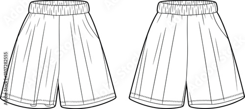 Loose Fit A-Line Shorts with Elasticated Waistband and Side Pockets Technical Drawing.