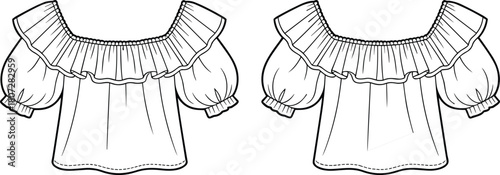 Off-the-Shoulder Blouse with Ruffled Elastic Neckline and Voluminous Puffed Sleeves Technical Drawing.