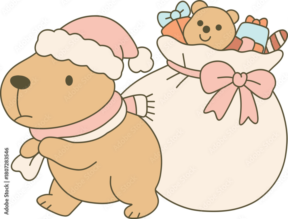 Naklejka premium capybara carrying gift bag christmas hand drawn vector cute festive animal illustration santa xmas holiday present graphic