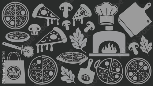 Pizza elements on a dark gray background, food and restaurant concept design