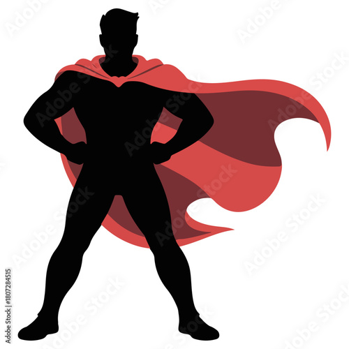 Silhouette of a superhero with a red cape, ready to fight for justice