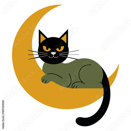 A charming black cat rests serenely on a crescent moon. Its captivating gaze holds a mysterious allure