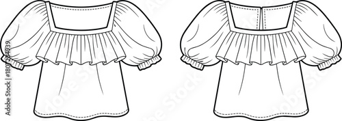 Square Neck Blouse with Ruffle Trim Detail, Gathered Yoke, and Voluminous Puff Sleeves Technical Drawing.