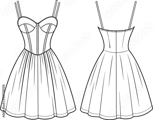 Strappy Party Dress with Corset Boning Bodice, Sweetheart Neckline, and Full A-Line Skirt Technical Drawing.