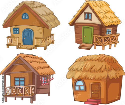 Stylized Small Houses with Porches and Straw Roofs for Children's Stories or Game Environment.