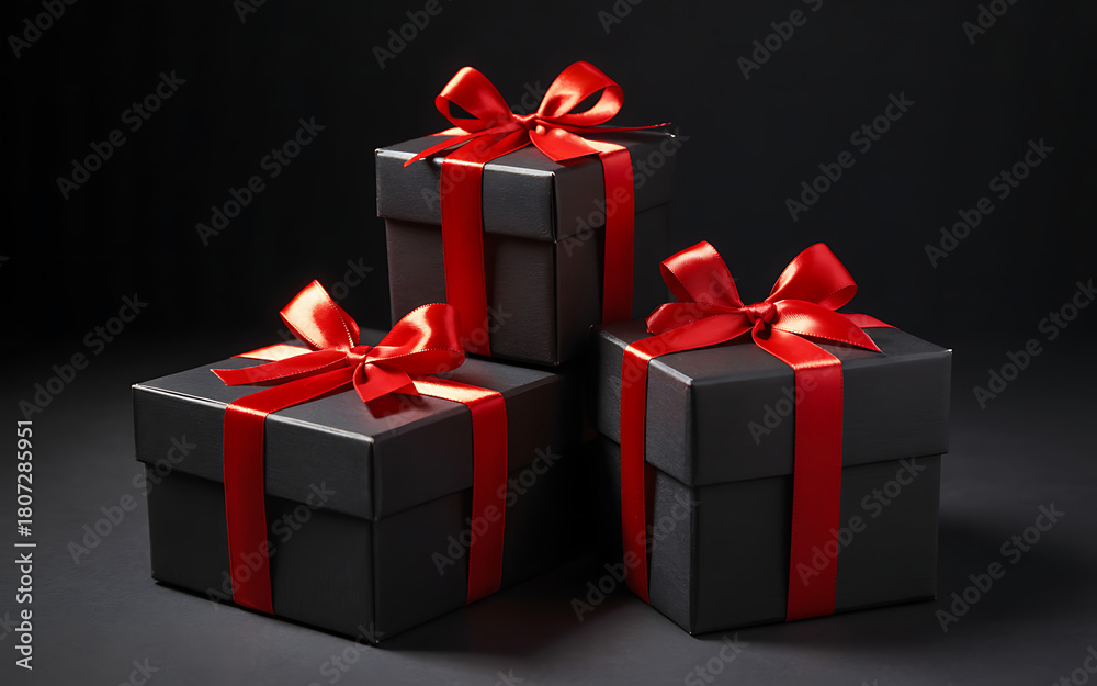 Fototapeta premium Three black gift boxes with red ribbon and bow on a dark background