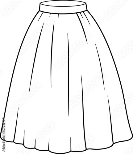 Voluminous Bell-Shaped Skirt Technical Drawing with Full Silhouette, Gathered Waist, and Wide Hemline.