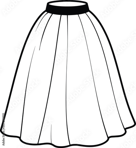Voluminous Bell Skirt Technical Drawing with Wide Fitted Waistband, Full Hem, and Flowing Fabric.