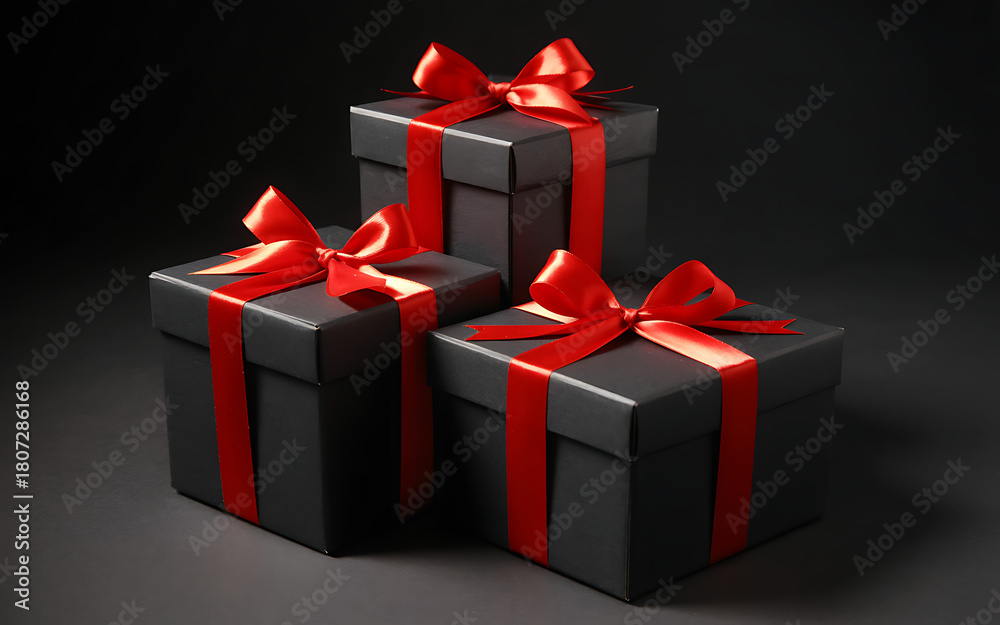 Fototapeta premium Three black gift boxes with red ribbon and bow