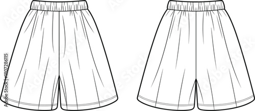 Wide Leg Shorts or Culottes with Elastic Waistband, Loose Fit, and A-Line Silhouette Technical Drawing.