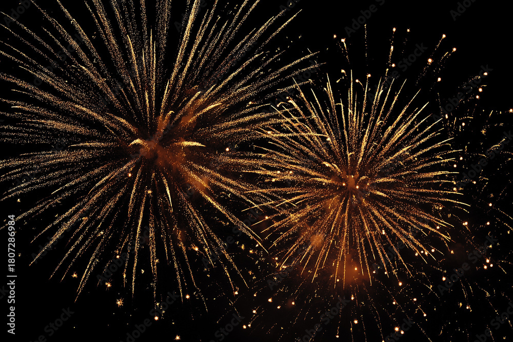 Fototapeta premium Golden fireworks exploding in night sky explosion