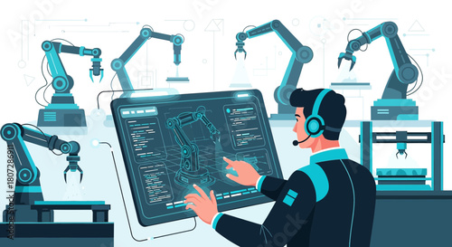 Modern industrial automation solutions with operator monitoring robot arm control interfaces
