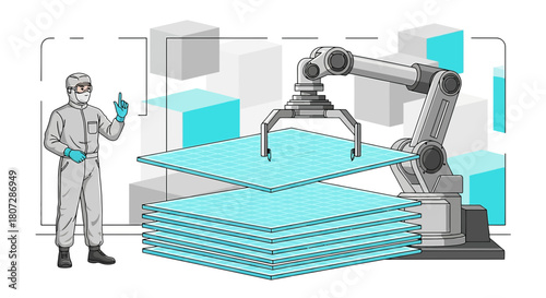 Modern industrial robotic production line featuring a technician in a cleanroom suit performing