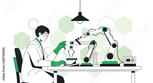 Modern laboratory setup featuring a scientist and robotic arms for precise experimentation and
